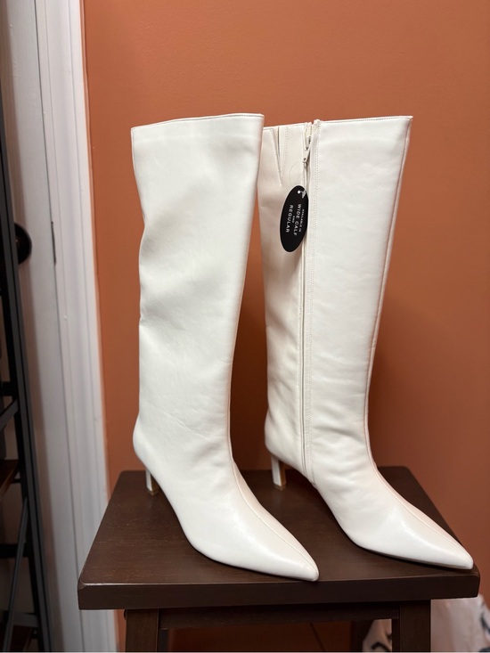 ON 34th Shoes - White Knee-High Pointed Toe Stiletto Boots with Side Zip